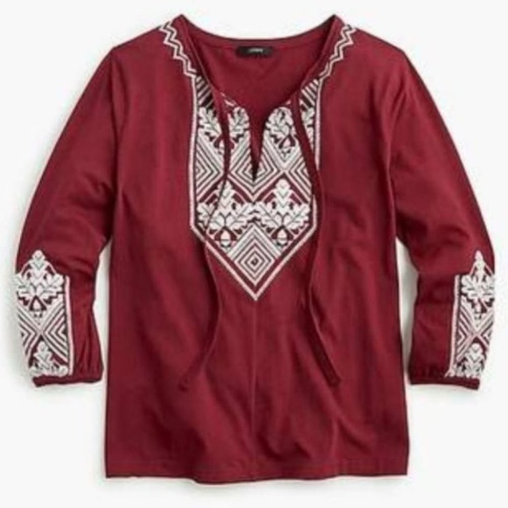 J. Crew Red Embroidered‎ Tie-Neck Boho Top Size Small Hippie Peasant Blouse Bell